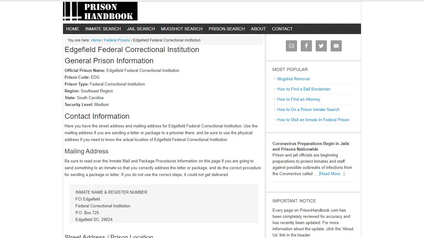 Edgefield Federal Correctional Institution - Prison Handbook