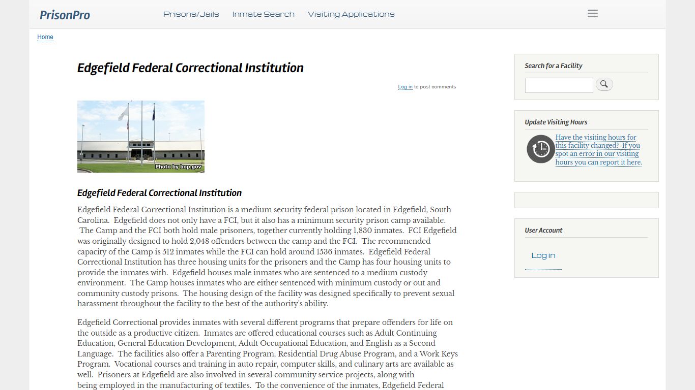 Edgefield Federal Correctional Institution - PrisonPro