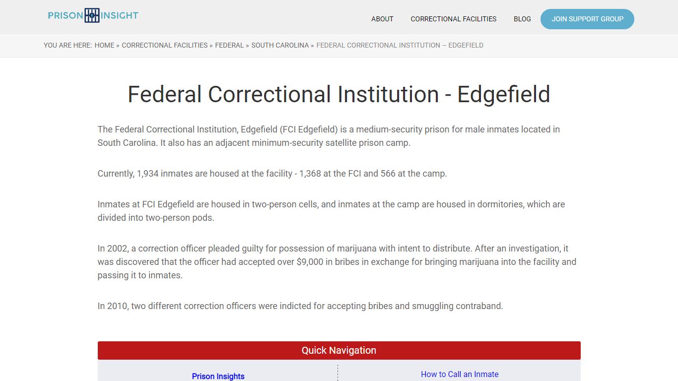 Federal Correctional Institution – Edgefield - Prison Insight